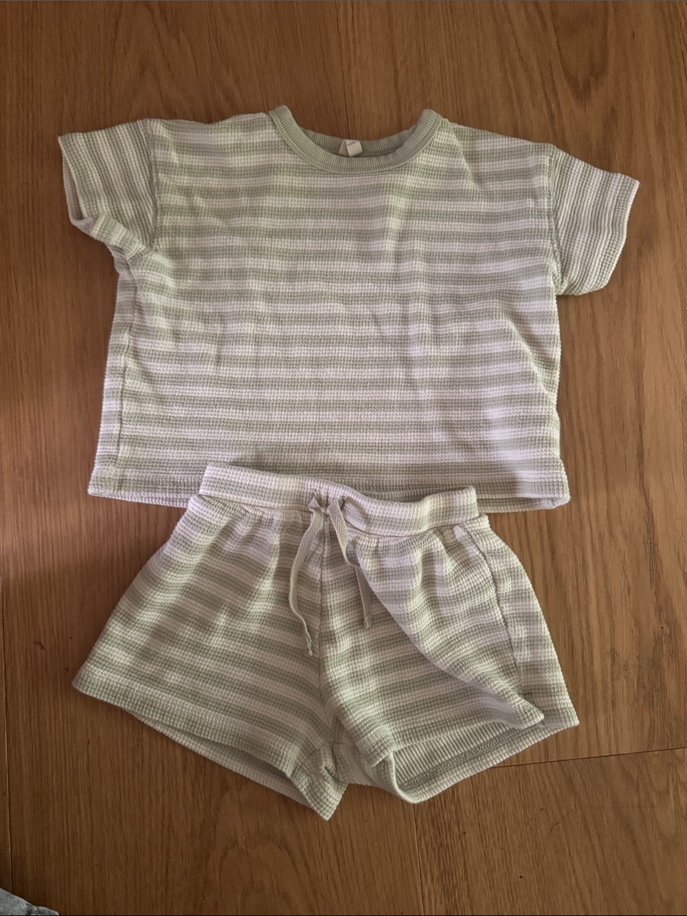 Quincy Mae Light Green and Cream Striped Kids Waffle Set
